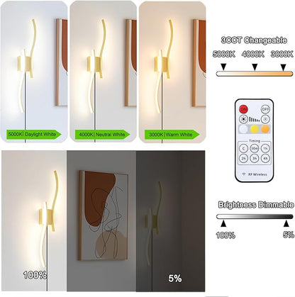 Daunton Modern Plug in Wall Sconce Set of 2, Gold Dimmable LED Wall Light with Remote Control, 3CCT Adjustable & Memory Function, Timer, Plug in Cord Wall Lamp for TV Wall Living Room Hallway Bedroom