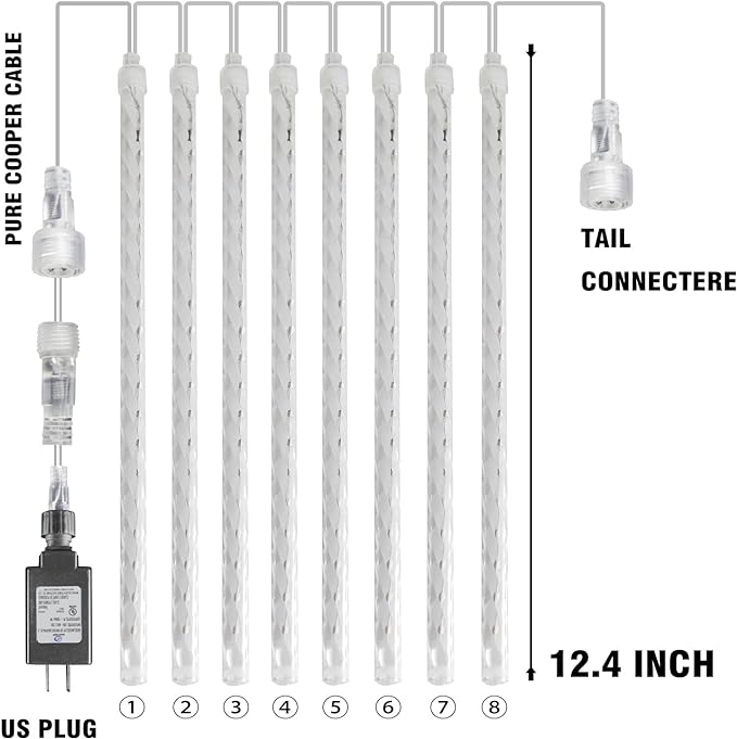 Dazzle Bright Christmas Lights Outdoor, 288LED Meteor Shower Rain Lights 12 Inch 8 Tubes, Waterproof Plug in Falling Icicle Light Christmas Decorations for Xmas Tree Yard House Decor (White)