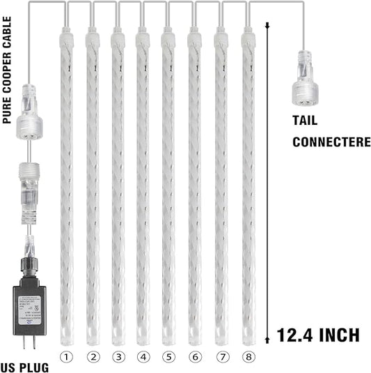 Dazzle Bright Christmas Lights Outdoor, 288LED Meteor Shower Rain Lights 12 Inch 8 Tubes, Waterproof Plug in Falling Icicle Light Christmas Decorations for Xmas Tree Yard House Decor (White)