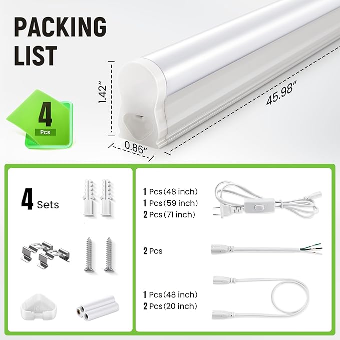 Pak 4FT LED Shop Lights, 2300LM 6500K Cool White, 20W Energy Efficient Linkable Ceiling and Under Cabinet Lighting, T5 Integrated Utility Fixture for Garage, Workshop, Basement, FCC Certified, 4 Pack