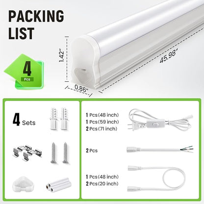 Pak 4FT LED Shop Lights, 2300LM 6500K Cool White, 20W Energy Efficient Linkable Ceiling and Under Cabinet Lighting, T5 Integrated Utility Fixture for Garage, Workshop, Basement, FCC Certified, 4 Pack