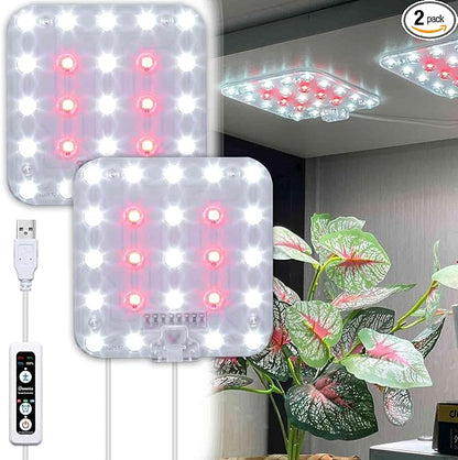 Full Spectrum LED Grow Light for Indoor Plants, 2 Panels 10W with 6/12/16h Timer Dimmable Plant Lights for Flower Veg Plant Growth USB, Netural White, 2-Pack