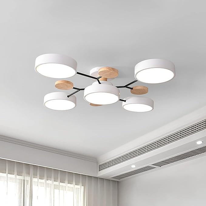 Dimmable LED Flush Mount Ceiling Light Fixture with 3000K-6000K Light Color Adjustable,40W 30Inch Chandelier Modern Wooden Ceiling Lamp for Bedroom Kitchen,5-Lights Indoor Lighting White Pendant Light