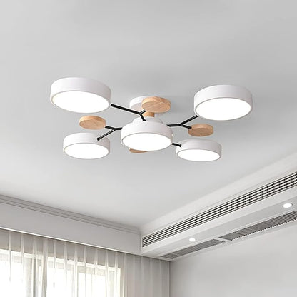 Dimmable LED Flush Mount Ceiling Light Fixture with 3000K-6000K Light Color Adjustable,40W 30Inch Chandelier Modern Wooden Ceiling Lamp for Bedroom Kitchen,5-Lights Indoor Lighting White Pendant Light