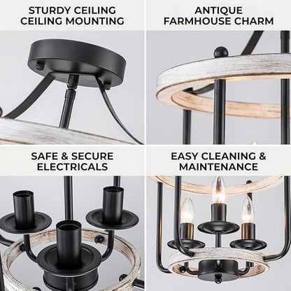 Farmhouse Semi Flush Mount Ceiling Light Fixtures, Industrial Rustic Ceiling Lamp Metal Cage Hallway Light Fixtures(3-Light Whitewashed Wood Finish)