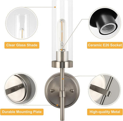 WILON Bathroom Wall Sconces 2 pcs, Vanity Lights for Bathroom, Indoor Wall Light Fixtures with Clear Glass Shades, Wall Lamp for Mirror Bedroom Living Room Bedside Hallway, Nickel