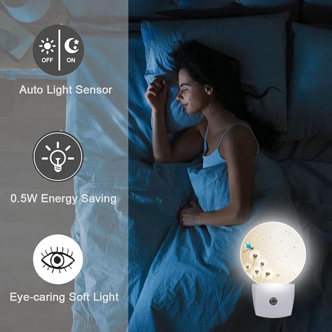 Dandelion Dragonfly Plug in Night Light Auto Light Round Lamps Energy Saving Gift for Women Men Friends