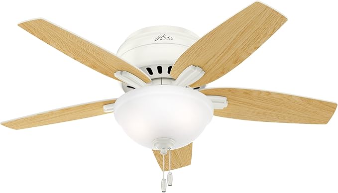 Hunter 42 inch Indoor Ceiling Fan with LED Light - White Ceiling Fan with Pull Chain, For Bedroom or Living Room, Low Profile Flush Mount, No Remote, 5 Blades - Newsome 51080, Fresh White