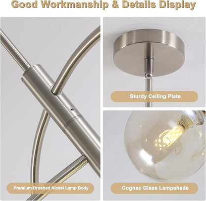 Mid Century Modern Sputnik Chandelier with Glass Globe Cognac Shade Adjustable 5 Light Silver Chandelier for Dining Room Kitchen Bedroom