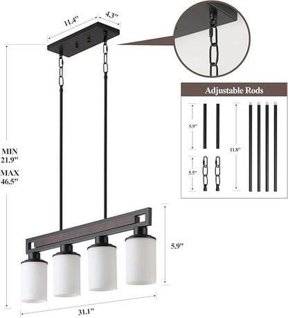 Farmhouse Dining Room Light Fixture, 4-Light Wood Kitchen Island Lighting for Dining Room Over Table, Black Adjustable Pendant Light with Milk Glass Shades, Linear Chandeliers Lighting for Kitchen