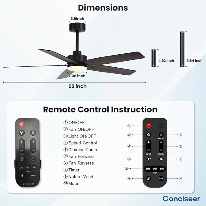 Modern 52 Inch Ceiling Fans with Lights and Remote for Bedroom Living Room Kitchen Home Office Indoor/Outdoor, 18W 3CCT Dual Color 5 Blades 6 Speed Reversible Quiet DC Motor, Black/Wood Grain