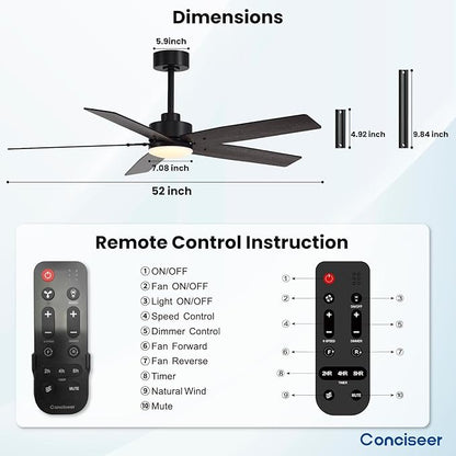 Modern 52 Inch Ceiling Fans with Lights and Remote for Bedroom Living Room Kitchen Home Office Indoor/Outdoor, 18W 3CCT Dual Color 5 Blades 6 Speed Reversible Quiet DC Motor, Black/Wood Grain