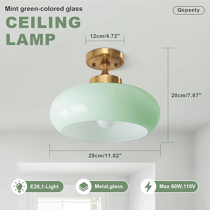 Mint Green Glass Semi Flush Mount Ceiling Light, 11.02" Mid Century Modern Gold Close to Ceiling Light Fixture, Vintage Ceiling Lamp for Bedroom Hallway Kitchen Entryway
