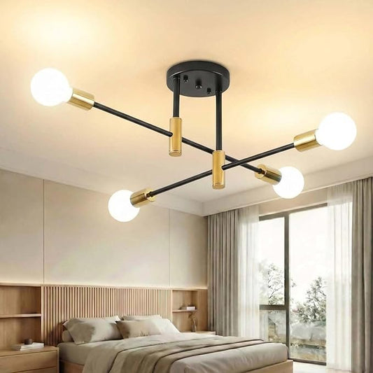Modern Sputnik Chandelier 4-Light Adjustable Ceiling Light Fixture Black and Gold Semi Flush Mount Ceiling Lamp with E26 Base Industrial Ceiling Light for Dining Room Bedroom Living Room