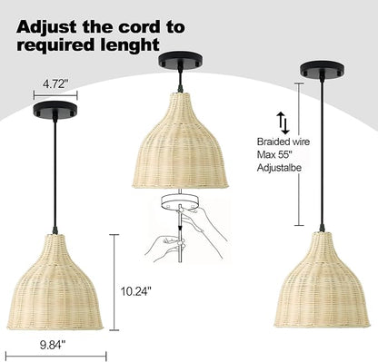 Hard Wired Rattan Pendant Lights Set of 2,Boho Wicker Chandelier with 9.84” Dome Shade, Basket Hand Woven Hanging Lamp for Coastal Kitchen Island Dining Room Living Room Bar Foyer Hallway