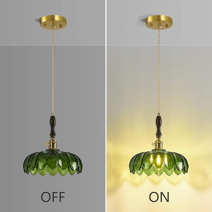 Modern Green Glass Pendant Light Retro Flower Glass Hanging Lamp Gold Brass Decorative Adjustable Ceiling Hanging Light Suitable for Kitchen Island Bedroom Dining Room Living Room