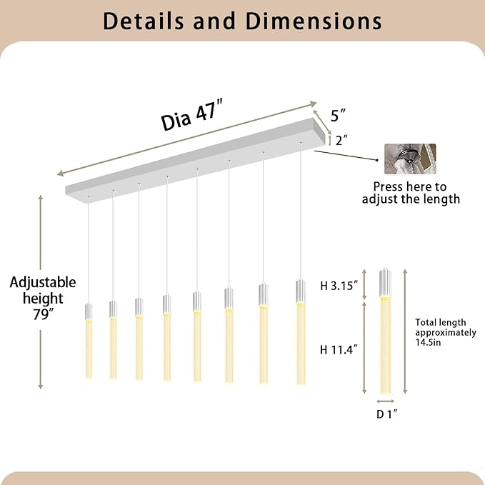 8-Light Silver Rectangular LED Chandelier, Bubble Crystal Column Chandeliers, Modern Dimmable Adjustable Height Hanging Light for Kitchen Island, Over Dining Room Table