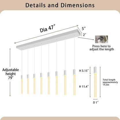 8-Light Silver Rectangular LED Chandelier, Bubble Crystal Column Chandeliers, Modern Dimmable Adjustable Height Hanging Light for Kitchen Island, Over Dining Room Table