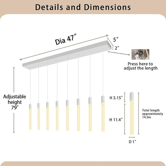 8-Light Silver Rectangular LED Chandelier, Bubble Crystal Column Chandeliers, Modern Dimmable Adjustable Height Hanging Light for Kitchen Island, Over Dining Room Table