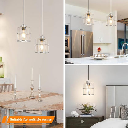 Brushed Nickel Pendant Lights Set of 2, Pendant Lights Kitchen Island with Clear Glass Shade, Modern Farmhouse Pendant Light Fixtures Hanging Light with Adjustable Cord over Sink Decor, E26