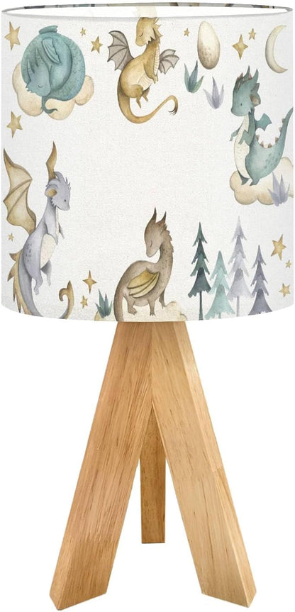 Tripod Bedside Desk Table Lamp Dragon Baby Animals Watercolor Wood Nightstand Lamp with Linen Fabric Shade for Nursery Bedroom Living Room Kids Room