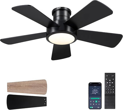 Hounberi 40 Inch Flush Mount Ceiling Fan with Lights and Remote, Modern Quiet DC Motor Low Profile Ceiling Fan for Low Ceilings, 5 Reversible Blades, 6 Speeds Dimmable, Indoor Outdoor Bedroom, Black
