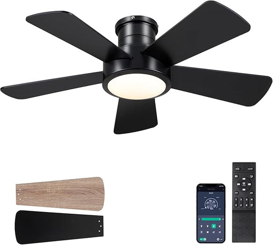 Hounberi 40 Inch Flush Mount Ceiling Fan with Lights and Remote, Modern Quiet DC Motor Low Profile Ceiling Fan for Low Ceilings, 5 Reversible Blades, 6 Speeds Dimmable, Indoor Outdoor Bedroom, Black