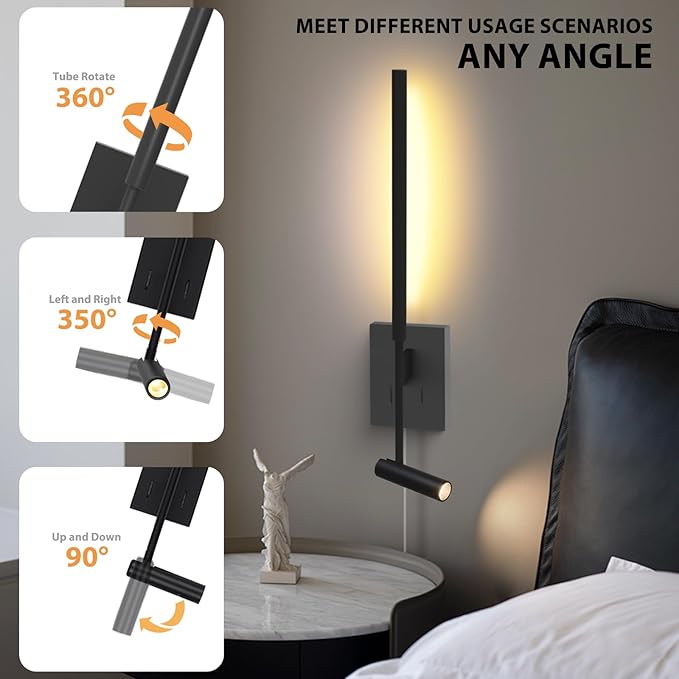 Modern Plug in Wall Sconce Indoor Wall Light Set of two for Bed, Corded Minimalist Bedside Linear Wall Sconce With Switch, Adjustable Black Wall Mount lamp for Living Room Bedroom Hallway Reading etc