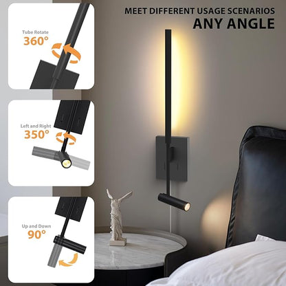 Modern Plug in Wall Sconce Indoor Wall Light Set of two for Bed, Corded Minimalist Bedside Linear Wall Sconce With Switch, Adjustable Black Wall Mount lamp for Living Room Bedroom Hallway Reading etc
