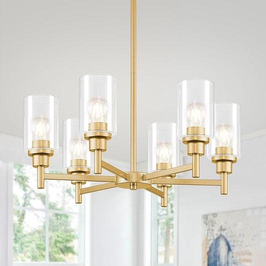 Modern Gold Chandeliers for Dining Room, 6-Light Chandelier Light Fixture with Clear Glass Shades, Metal Hanging Pendant Lighting for Living Room, Kitchen, Staircase, Entryway