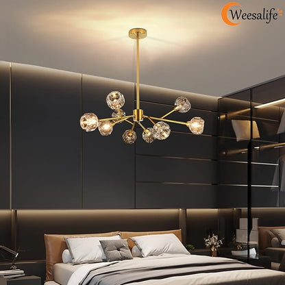 Weesalife Sputnik Chandeliers for Dining Room Light Fixture Over Table, Modern Crystal Chandeliers, 9 Lights Gold Lighting Fixtures for Living Room Bedroom Kitchen Island