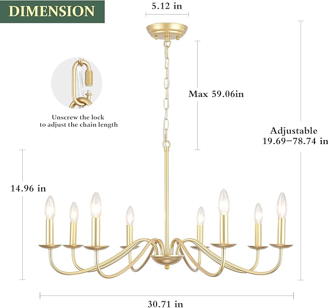 Gold Chandelier 8-Light Modern Farmhouse Chandelier Lighting Fixtures Rustic Candle Hanging Chandelier for Living Room Foyer Hallway Bedroom Kitchen