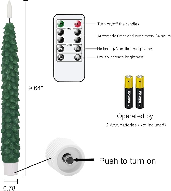 GenSwin Christmas Tree Flameless Taper Candles Flickering with Remote Timer, Real Wax LED Battery Operated Candles Warm 3D Wick Christmas Home Wedding Decor(Green, 0.78 X 9.64 Inch)