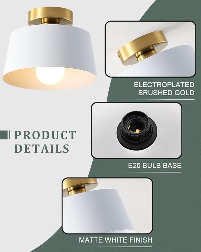 Modern Semi Flush Mount Ceiling Light with Gold Plate and Matte White Shade, Farmhouse Ceiling Light Fixture for Kitchen Island Dining Room Foyer Hallway Porch Barn Loft，10in (White 2 Pack)