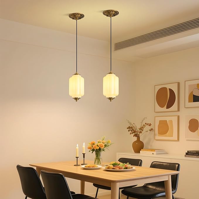Milk Glass Pendant Light, 5.5in Small Schoolhouse Light Fixture, LED Bulb Included, Vintage Art Deco Chandelier for Kitchen Island Dining Room Bedroom Hallway, White & Antique Gold 1 Pack