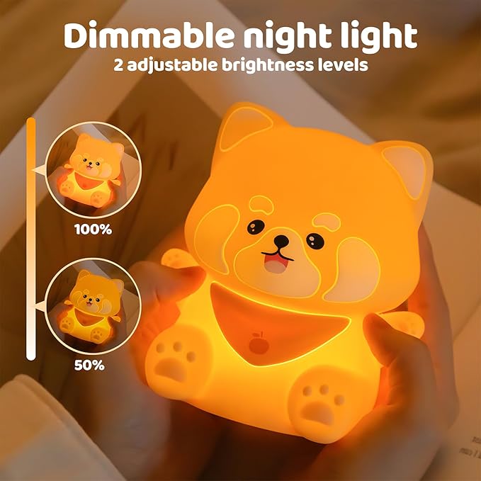 Red Panda Night Light, Squishy Silicone Lamp for Kids - Tap Control 2 Brightness, 50H Battery & Auto Timer, Cute Mothers Day Gifts for Boys Girls, Bedside Nursery Desk Decor