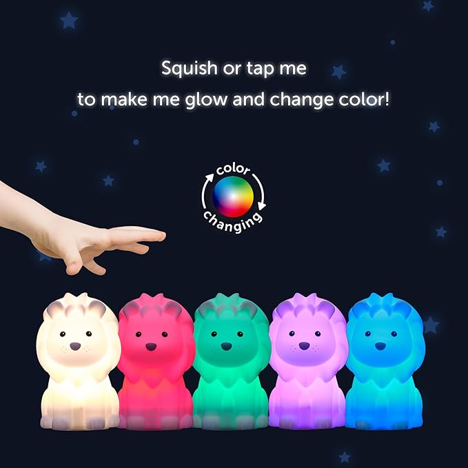 Globe Electric 13849 Multicolor Changing LED Integrated Rechargeable Silicone Night Light, Lion, Tap Button Switch, White, Modern Lighting for Bedroom, Nursery, Playroom, Nightstand