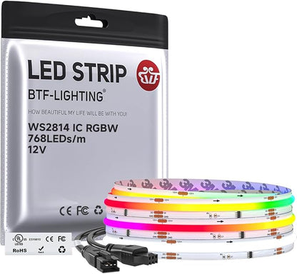 BTF-LIGHTING FCOB COB LED Strip Light, WS2814 Smart IC RGBW 6000K Color Chasing Light, UL Listed DC12V 9.8FT 784LEDs/m High Density 10mm Width for Home Party DIY Decor(No Adapter or Controller)