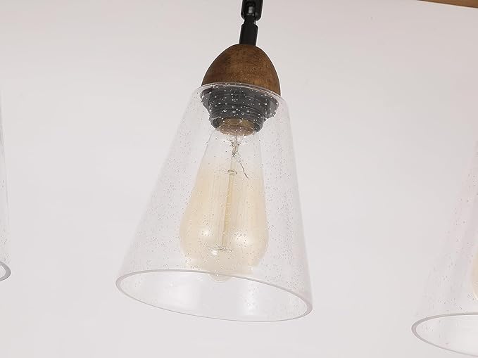 5-Light Large Rustic Farmhouse Wood Flush Mount Ceiling Light Fixture Clear Seeded Glass Shade and Oak Wood Track Semi Flush Mount Ceiling Light for Kitchen Living Room Bedroom Indoor, Black