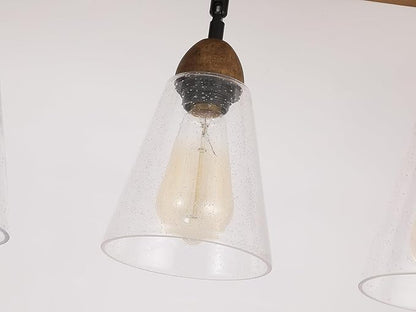 5-Light Large Rustic Farmhouse Wood Flush Mount Ceiling Light Fixture Clear Seeded Glass Shade and Oak Wood Track Semi Flush Mount Ceiling Light for Kitchen Living Room Bedroom Indoor, Black