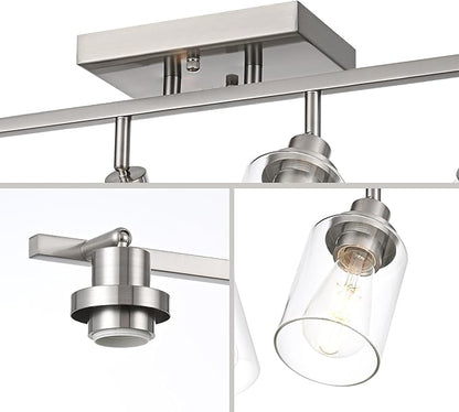 2 Light Track Lighting Kit Brushed Nickel Kitchen Track Lighting Fixtures Ceiling Mount Bathroom Vanity Wall Scones Light Fixture with Clear Glass, Rotatable Spotlight for Kitchen Shop Hallway