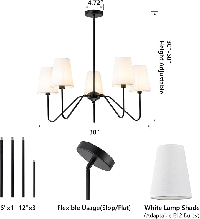Modern Chandelier for Dining Room, 5-Light Farmhouse Pendat Light Fixture with White Fabric Shade,Black Hanging Light Fixture Over Table Ceiling Chandelier for Bedroom,Living Room,Hallway