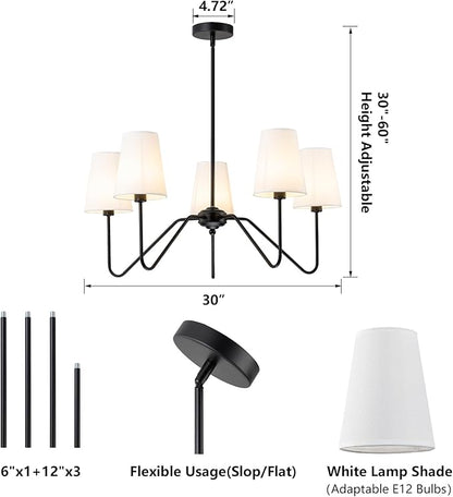 Modern Chandelier for Dining Room, 5-Light Farmhouse Pendat Light Fixture with White Fabric Shade,Black Hanging Light Fixture Over Table Ceiling Chandelier for Bedroom,Living Room,Hallway