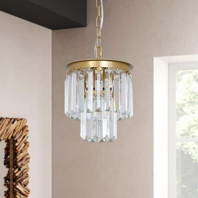 Small Gold Crystal Chandeliers for Kitchen Island Small Pendant Light Mini Contemporary Ceiling Pendant Light Fixture for Dining Room, Bedroom, Entryway 8 Inches