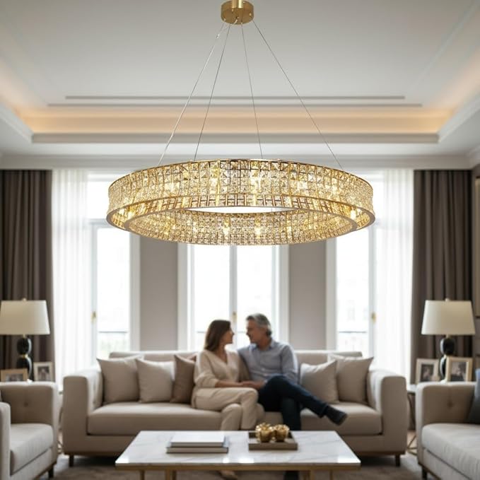 Modern Crystal Chandelier Round 20-Light Contemporary Hanging Ceiling Light Fixture Copper/Brass Finish with Rectangular Crystals Dining Room Living Room Bedroom Entryway Lighting Easy Install 39''