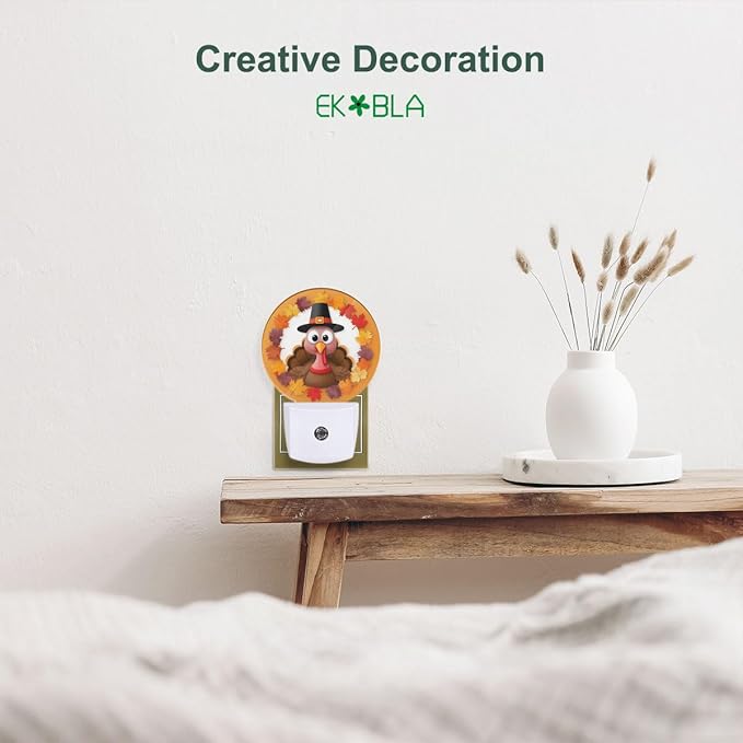 EKOBLA Autumn Turkey Plug-in Night Light, Fall Turkey & Maple Leaf LED Nightlight with Dusk to Dawn Sensor for Bedroom, Bathroom & Kitchen