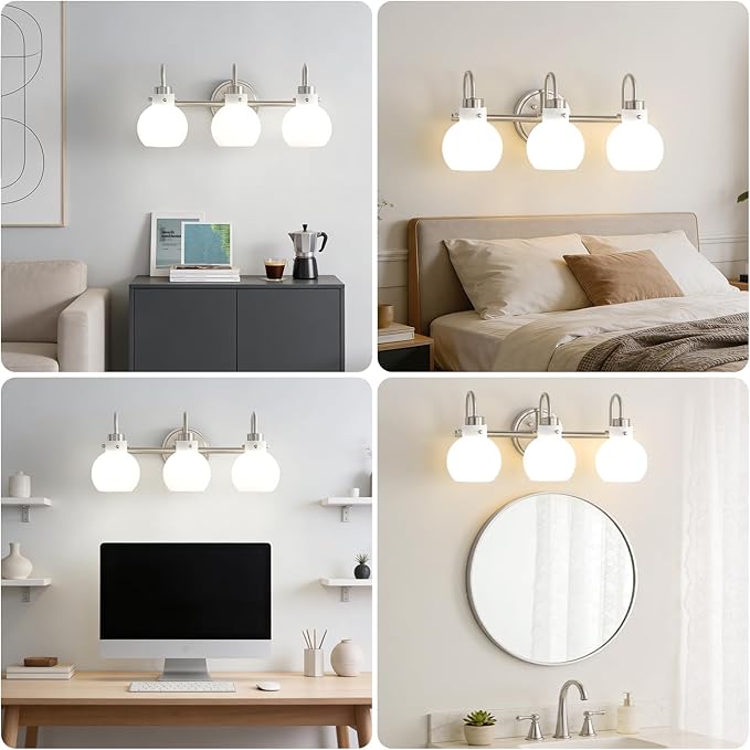 Bathroom Light Fixtures Brushed Nickel 3 Light Vanity Light Wall Sconces with Milk Globe Glass Shades Bath Wall Lamp over Mirror Farmhouse Wall Mount Lights for Kitchen Living Room Bedroom Hallway