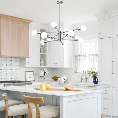 Sputnik Chandeliers Dining Room Light Fixture (10-Light, 32-Inch), Modern Brushed Nickel Chandelier, Height Adjustable Mid Century Modern Chandeliers for Living Room Entryway (Bulbs Not Included)