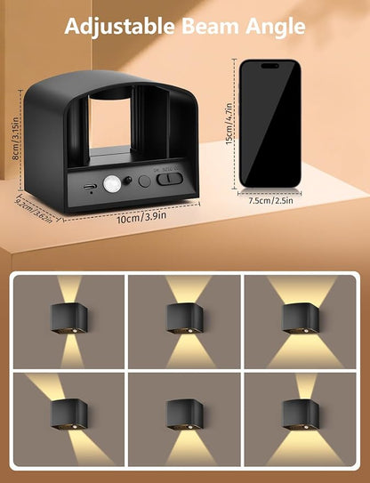 Motion Sensor Wall Light with Remote Control, 5000mAh Rechargeable Battery Powered Wall Lamps, Dimmable 2700-6500K, Adjustable Beam Angle, Black Up and Down Wireless Wall Sconce for Bedroom, 2-Pack