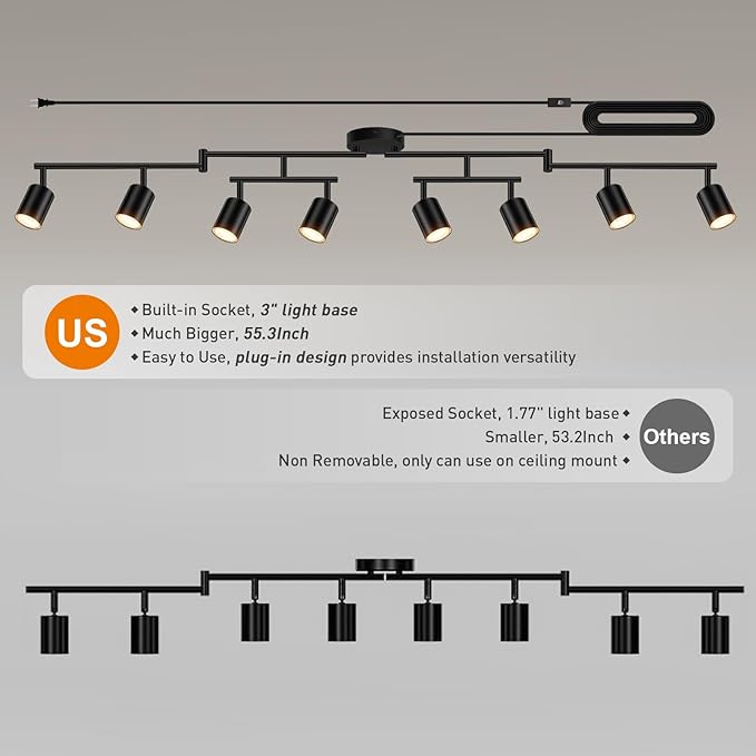 Plug in Track Lighting, LED Track Lighting Fixtures Ceiling, Black 8-Light Kitchen Light Kit, Plug in Wall Light with 14.8ft Power Cord, Rotatable Ceiling Spotlight for Bedroom(GU10 Socket, NO Bulb)